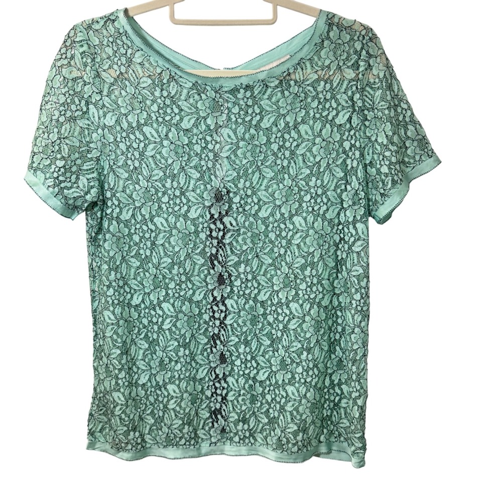 LOFT Mint Green Lace Top Short Sleeve Blouse Women Size M Sheer‎ Elegant